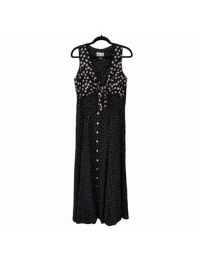 Robbie Bee Maxi Dress Womens Size 4 Black Floral Micro Dot Tie Front Vintage